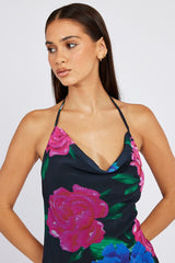 Black Floral Bouquet Maxi Halter Neck Mermaid Maxi Dress