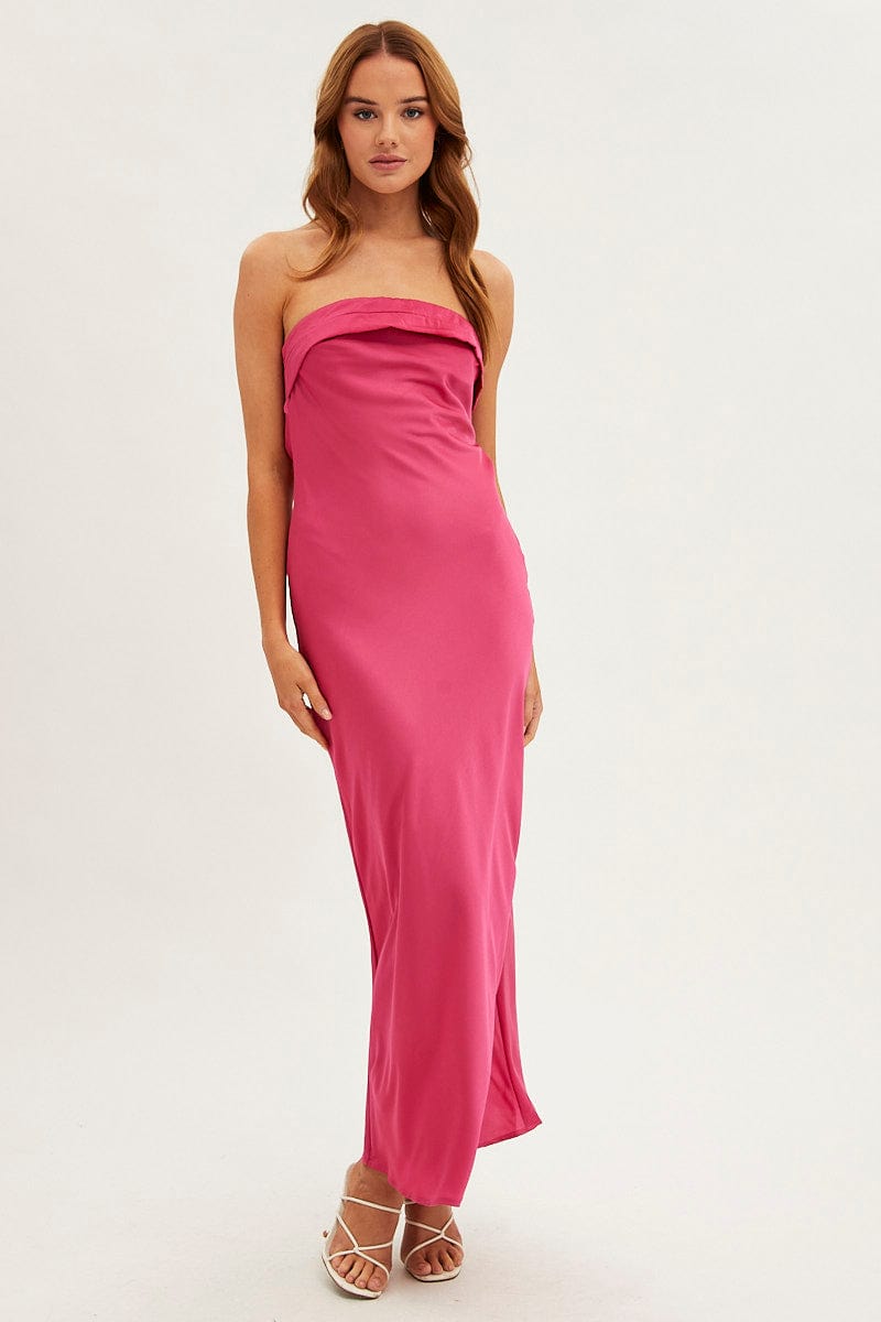 Pink Maxi Dress Strapless Satin Party