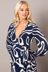 Blue Abstract Wrap Maxi Dress Shirt Dress