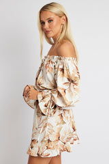 White Floral Off Shoulder Dress Balloon Sleeve Skater Dress