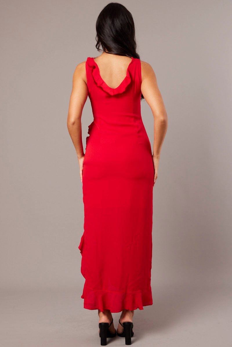 Red Ruffle Dress Wrap Midi Chiffon