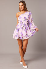 Pink Floral One Shoulder Balloon Sleeve Layered Skater Dress