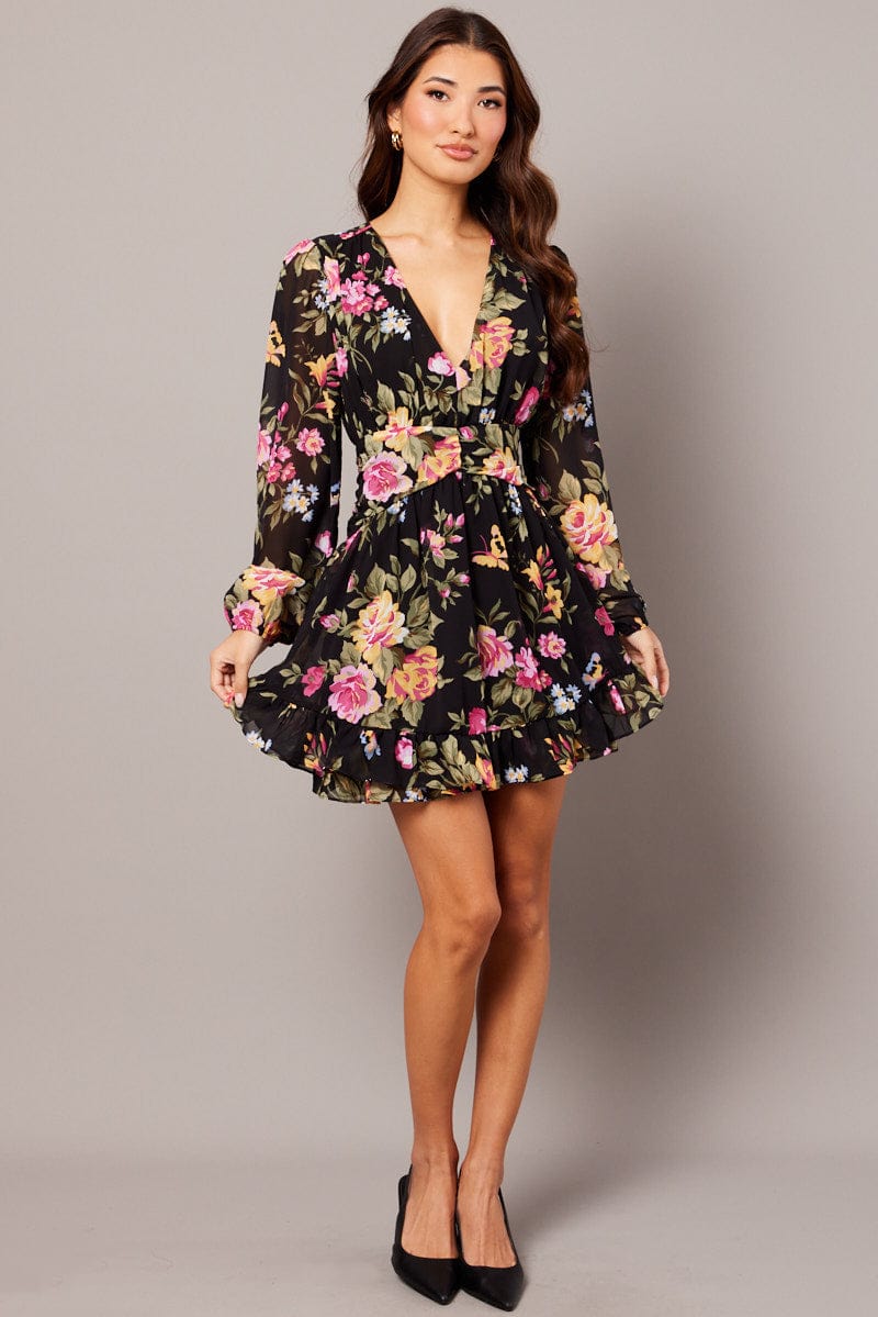 Black Floral Skater Dress Balloon Sleeve Ruffle Frill Dress