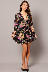 Black Floral Skater Dress Balloon Sleeve Ruffle Frill Dress
