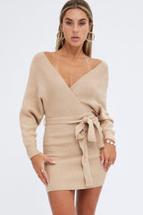 Beige Knit Dress Long Sleeve Wrap