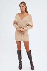 Beige Knit Dress Long Sleeve Wrap