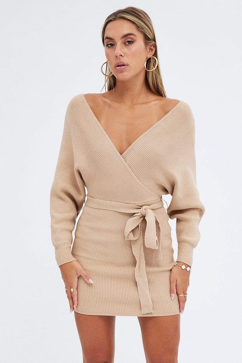 Beige Knit Dress Long Sleeve Wrap
