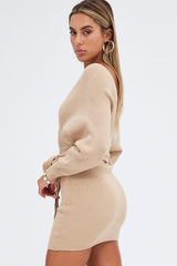 Beige Knit Dress Long Sleeve Wrap
