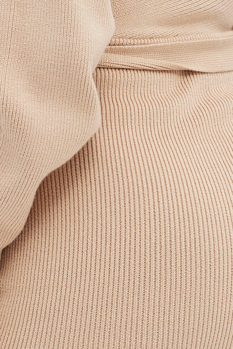 Beige Knit Dress Long Sleeve Wrap