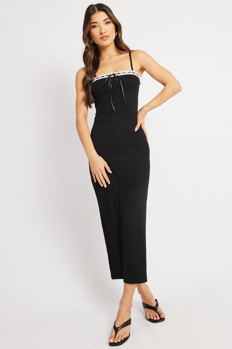 Black Bodycon Dress Maxi Ribbon Trim