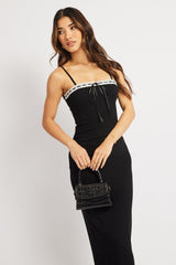 Black Bodycon Dress Maxi Ribbon Trim