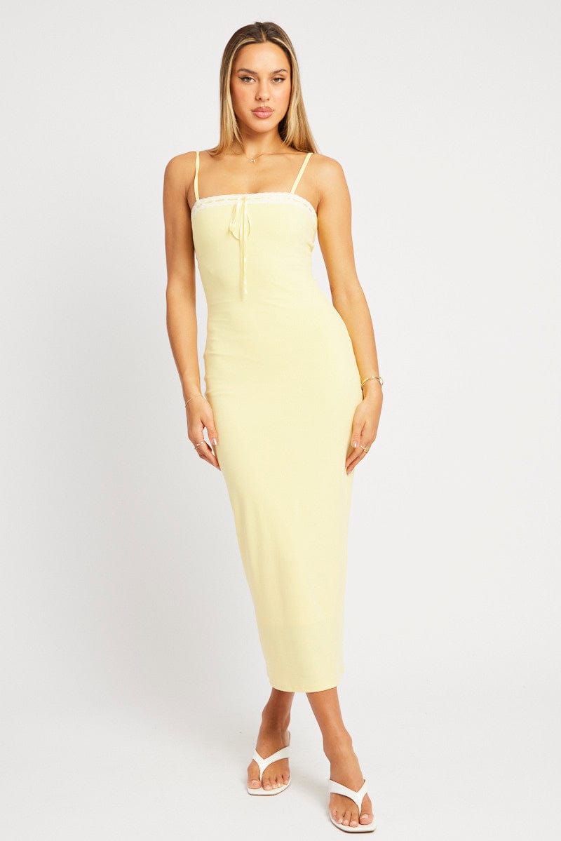 Yellow Bodycon Dress Maxi Ribbon Trim