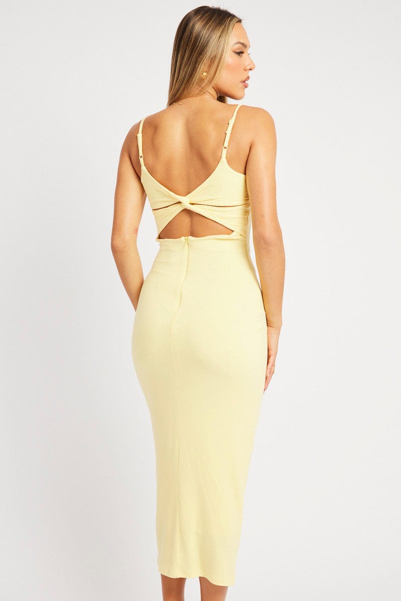 Yellow Bodycon Dress Maxi Ribbon Trim