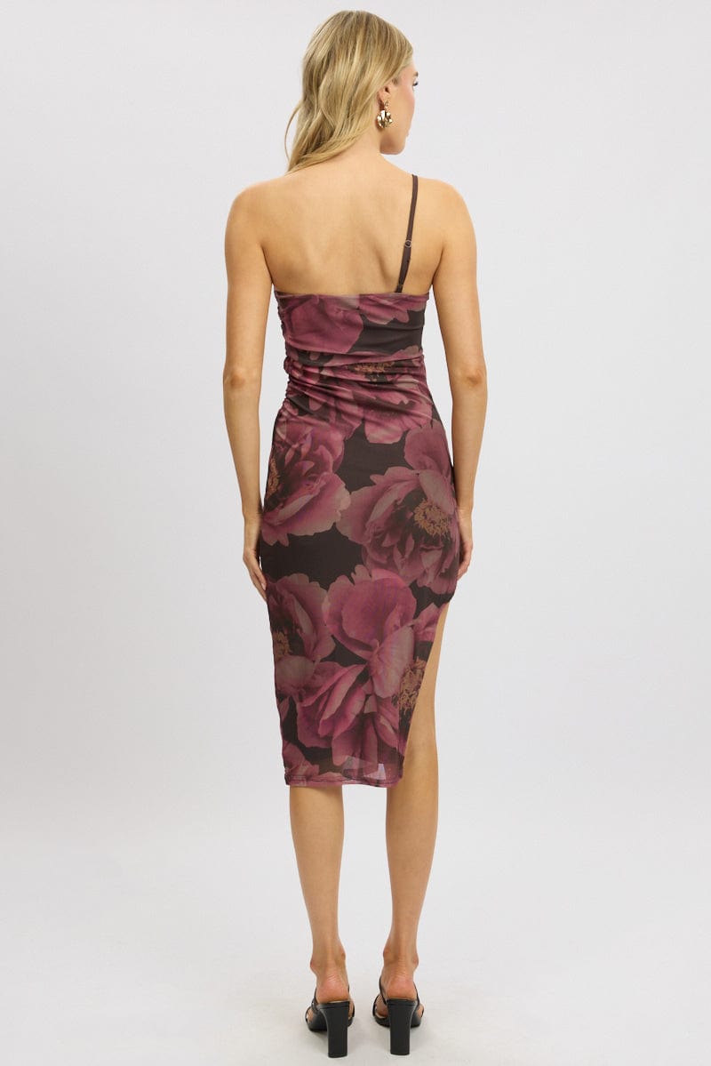 Pink Floral Bodycon Dress One Shoulder