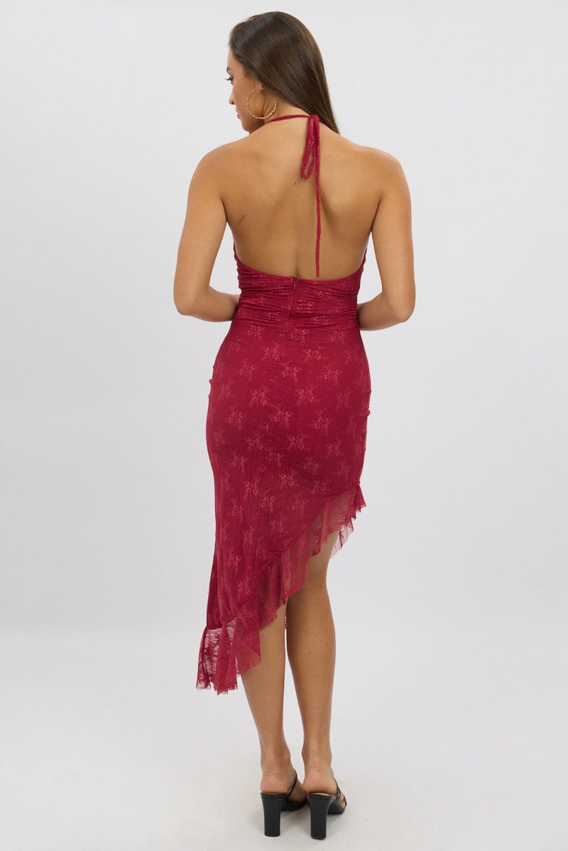 Red Bodycon Dress Ruffle Halter Neck