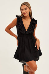 BLACK Fit And Flare Dress Sleeveless Deep V Frill Mini