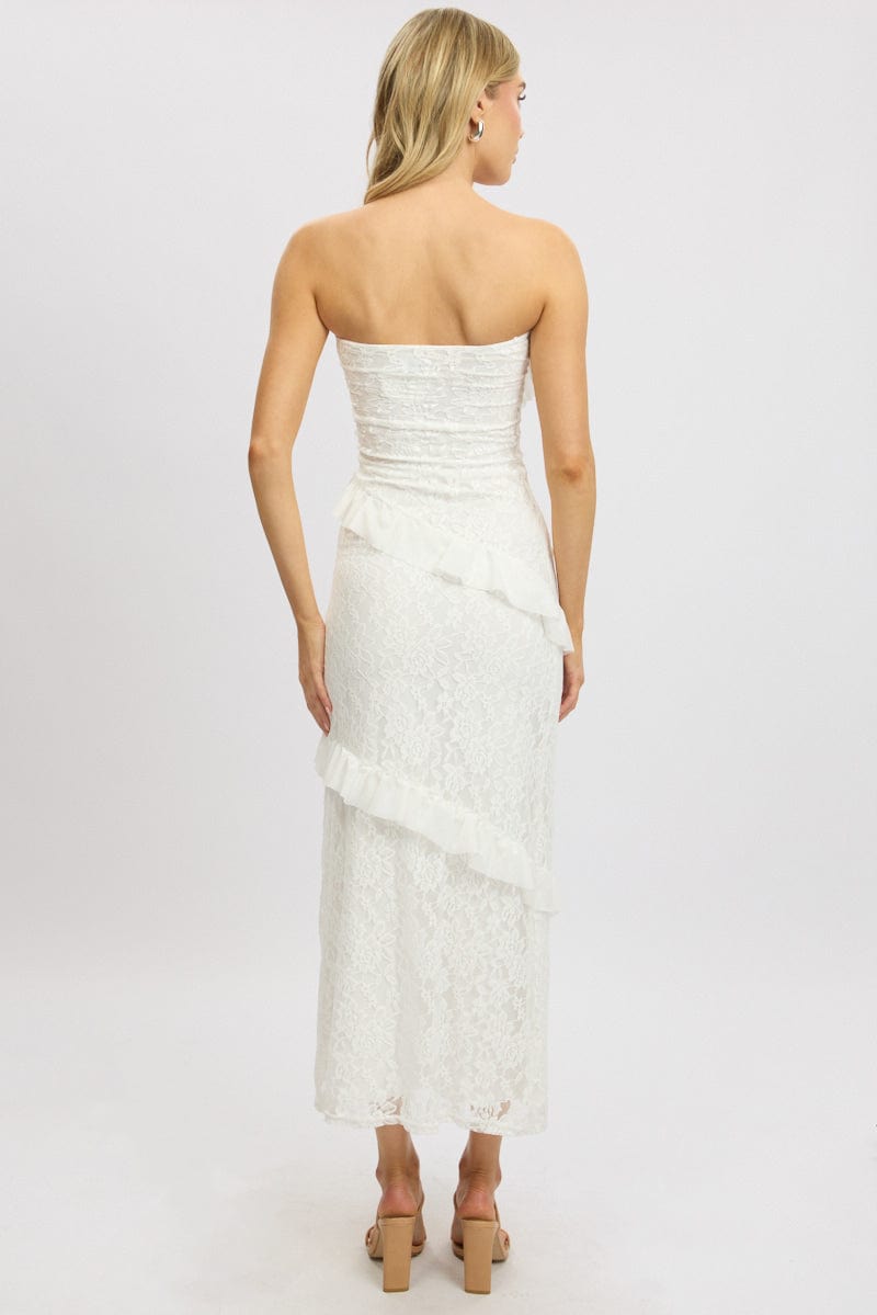 White Bodycon Dress Boob Tube Ruffle Midi Lace