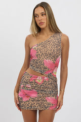 Multi Animal Print Bodycon Dress One Shoulder Mesh Mini