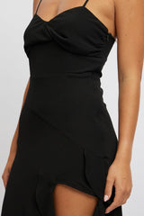 Black Bodycon Dress Maxi Ruffle Slit Chiffon
