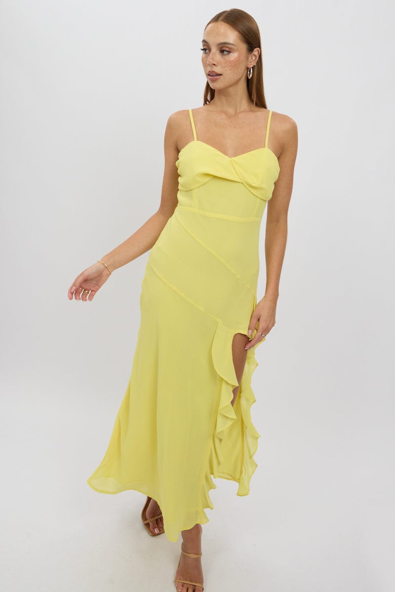 Yellow Bodycon Dress Maxi Ruffle Slit Chiffon