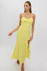 Yellow Bodycon Dress Maxi Ruffle Slit Chiffon