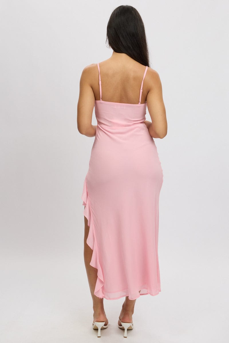 Pink Bodycon Dress Maxi Ruffle Slit Chiffon