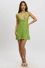 Green Knit Dress Halter Neck Mini