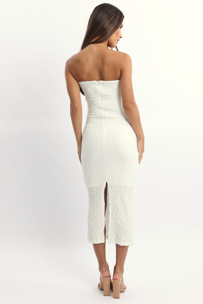 White Bodycon Dress Boob Tube Textured Midi
