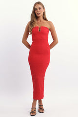 Red Bodycon Dress Boob Tube Textured Midi