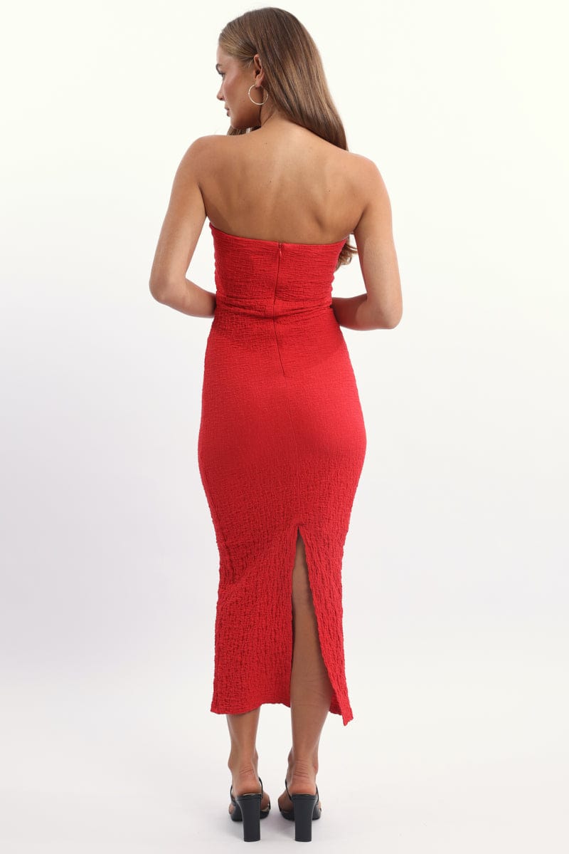 Red Bodycon Dress Boob Tube Textured Midi