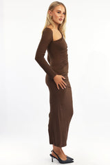 Brown Bodycon Dress Textured Midi