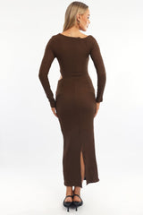 Brown Bodycon Dress Textured Midi