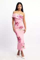 Pink Floral Bodycon Dress One Shoulder Mesh