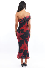 Black Floral Bodycon Dress One Shoulder Mesh