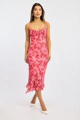 Pink Floral Bodycon Dress Midi
