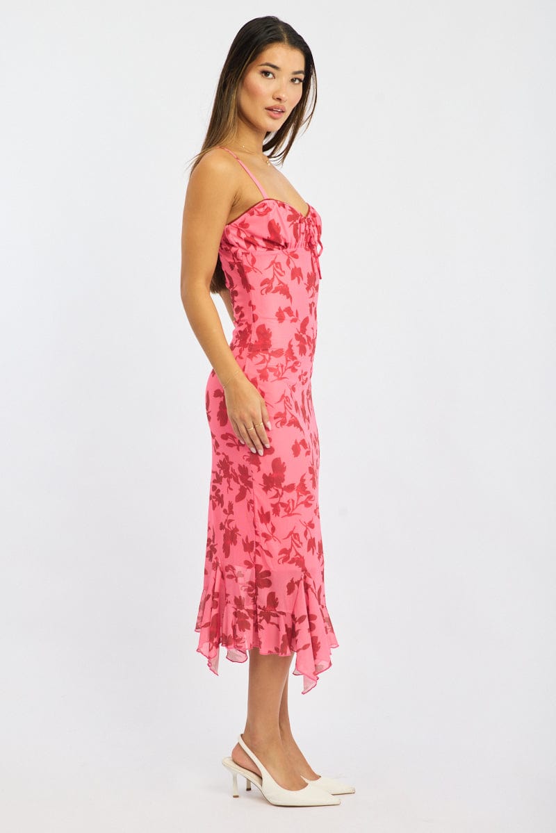 Pink Floral Bodycon Dress Midi