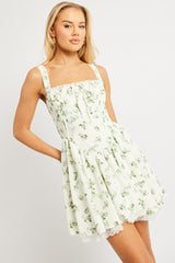 Green Floral Fit And Flare Dress Corset Detail Mini