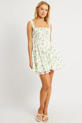 Green Floral Fit And Flare Dress Corset Detail Mini