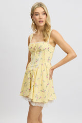 Yellow Floral Fit And Flare Dress Mini Rushed Bust