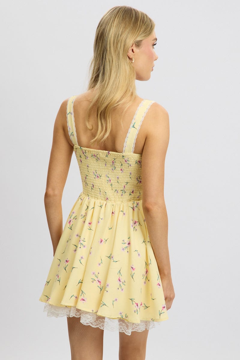 Yellow Floral Fit And Flare Dress Mini Rushed Bust