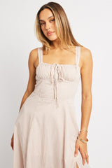 Beige Check Midi Dress Gathered Bust