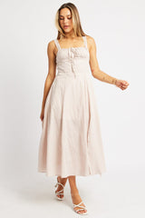 Beige Check Midi Dress Gathered Bust