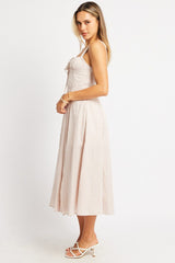 Beige Check Midi Dress Gathered Bust