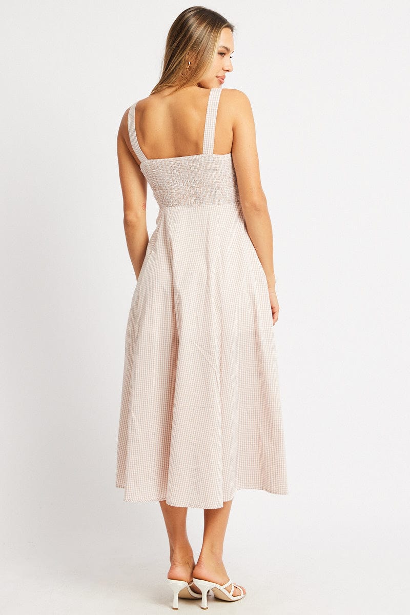 Beige Check Midi Dress Gathered Bust