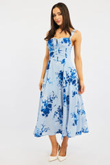 Blue Floral Midi Dress Gathered Bust