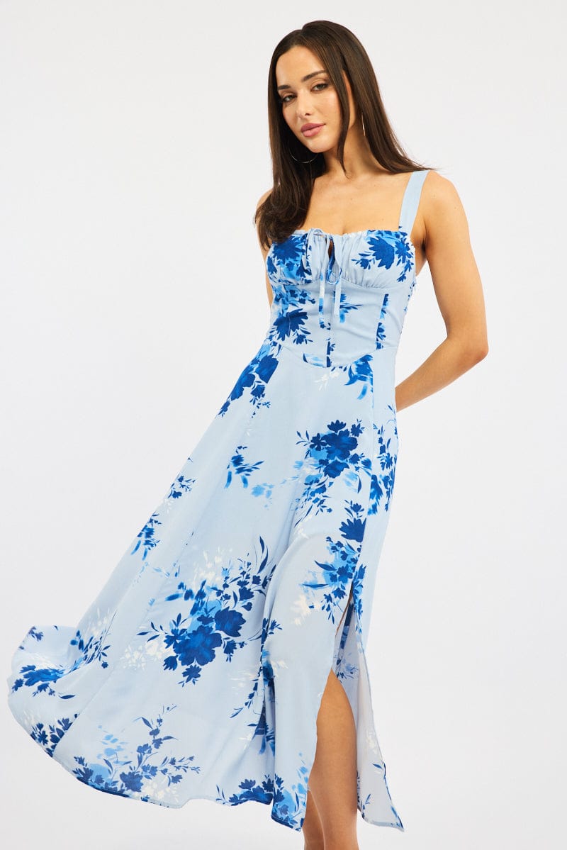 Blue Floral Midi Dress Gathered Bust