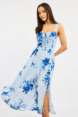 Blue Floral Midi Dress Gathered Bust