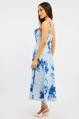 Blue Floral Midi Dress Gathered Bust