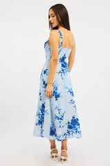 Blue Floral Midi Dress Gathered Bust
