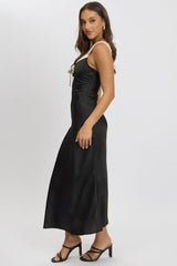 Black Midi Dress Elasticated Shoulder Strap Satin